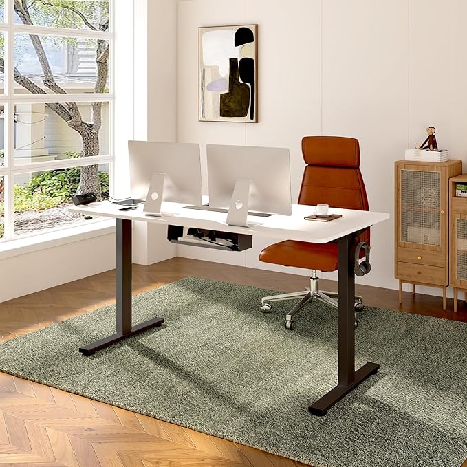 FLEXISPOT EN2 Whole-Piece Standing Desk with Clamp Power Strip, 60 x 24 Electric Stand Up Height Adjustable Desk with Cable Management (Black Frame + 60" White Top, 2 Packages)