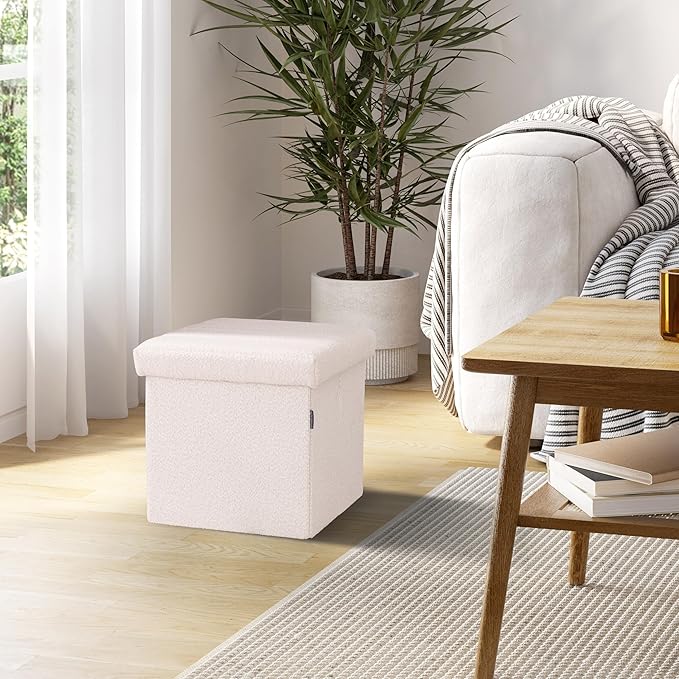 Seville Classics Cushioned Fabric Ottoman Hidden Storage Chest Footrest Chair, Padded Seat for Bedroom, Dorm, Loft, Living Room, Entryway, Hallway, White Boucle, 15.7" Cube