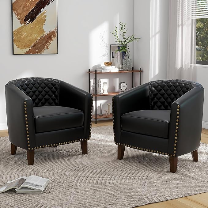 Pia Ricco Faux Leather Barrel Accent Chair, Modern Club Arm Chair Comfy Upholstered Single Sofa Chair with Solid Wood Legs and Nailhead Trim for Living Room/Reading Room, Black