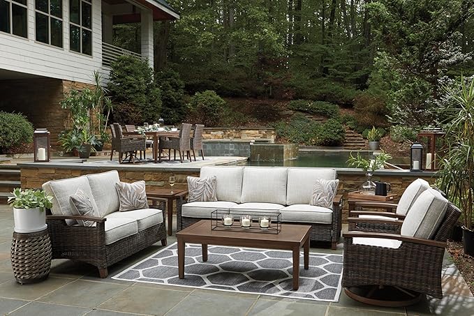 Signature Design by Ashley Paradise Trail Outdoor Swivel Upholstered Lounge Chair with All Weather Cushion, Set of 2, Cleanable Performance Fabric, Beige