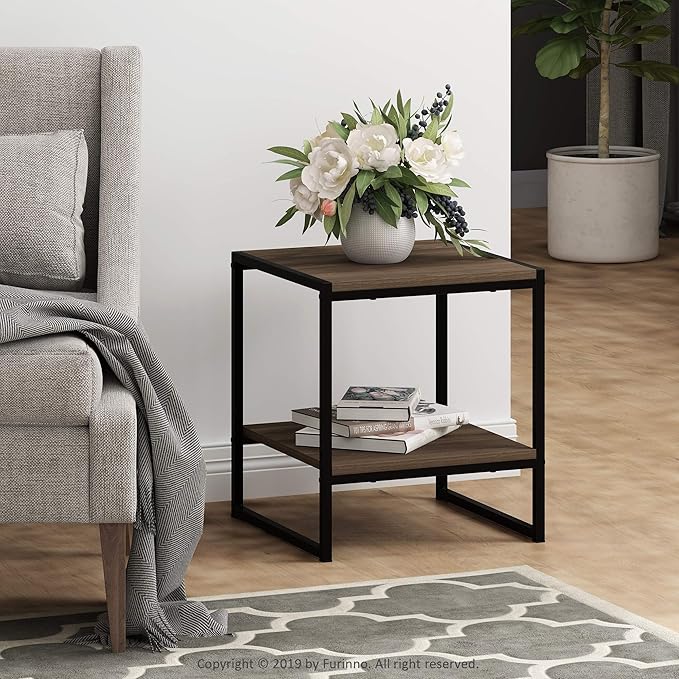 FURINNO Camnus Modern Living 2-Tier End Table, Columbia Walnut, 15.9 in x 15.75 in x 18 in