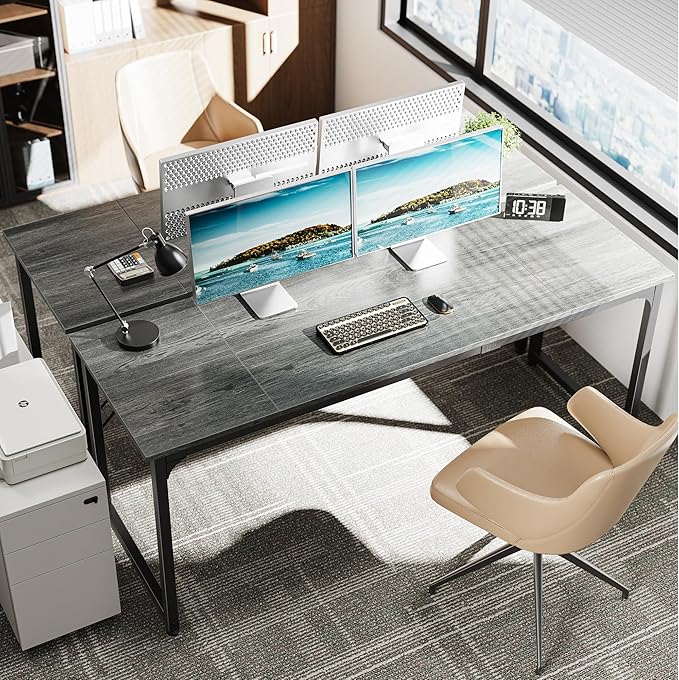 Huuger Computer Desk, 70 Inch Office Desk, Gaming Desk with Storage, Writing Desk Work Desk for Home Office, Study, Long Simple Desk, Large Legroom, Metal Frame, Grey