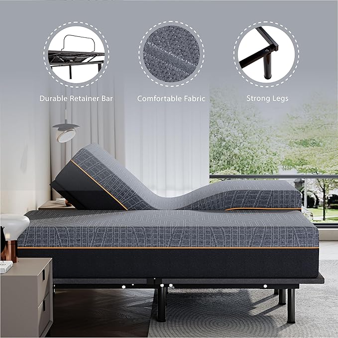 Split King Adjustable Bed Base Frame with Wireless Remote + 12 Inch SPK Gel Memory Foam Mattress Bed in a Box, Head and Foot Incline, Zero Gravity, Fiberglass Free,80" × 38"