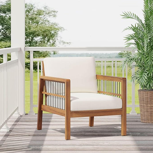 Christopher Knight Home Elias Outdoor Acacia Wood and Iron Club Chair with Cushions, Teak, Black, Beige