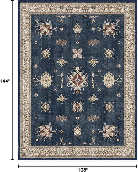 RUGGABLE Washable Vintage Area Rug – Verena Sapphire 9x12, Stain-Resistant, Non-Slip – Large Machine Washable Rugs for Living Room, Bedroom, Hallway, Entryway & Office–with Standard Pad