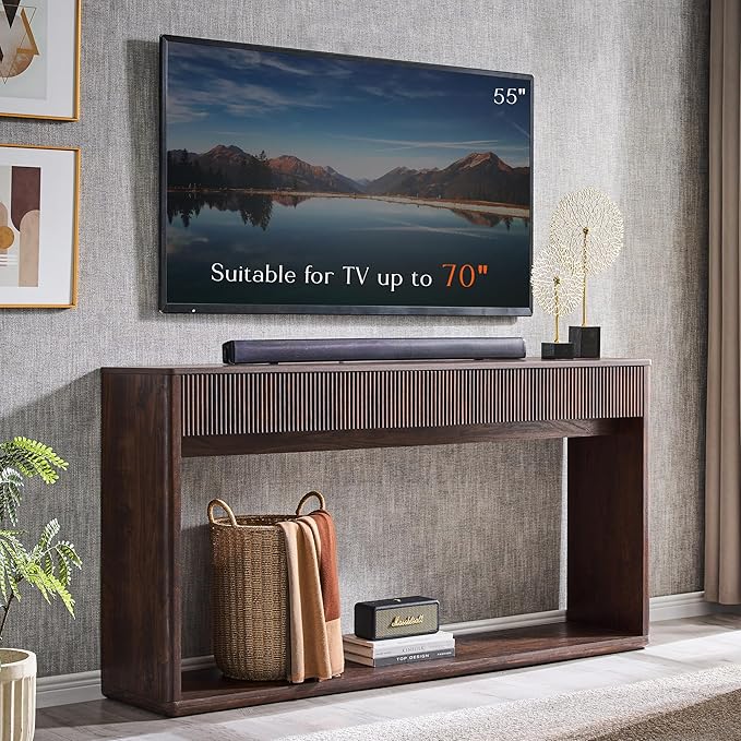 OKD 63" Fluted Console Table for Entryway, Modern Entryway Table with 2 Large Drawers, Long Sofa Table Behind Couch for Living Room, Hallway, Couch, Foyer,Dark Walnut