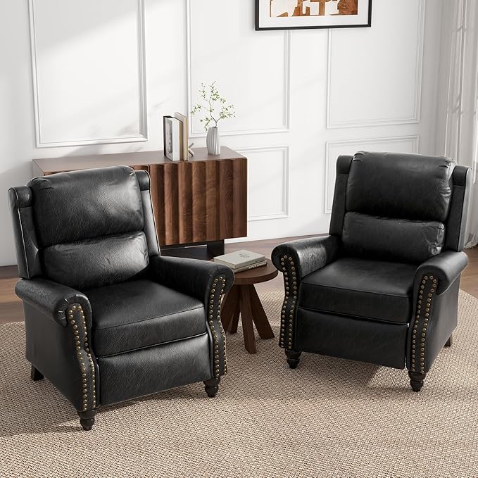 UIXE Pushback Recliner Chairs Set of 2, PU Leather Armchair Push Back Accent Chair, Rivet Trim Club Chair Home Theater Overstuffed Single Sofa Reading Seat for Living Room, Black