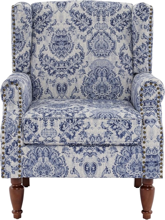 UIXE High Back Floral Accent Chairs Set of 2, Upholstered Armchair in Fabric, Retro Printed Wingback Arm Chair for Living Room, Nailhead Trim Single Sofa Bedroom Reading Seat - Navy Blue