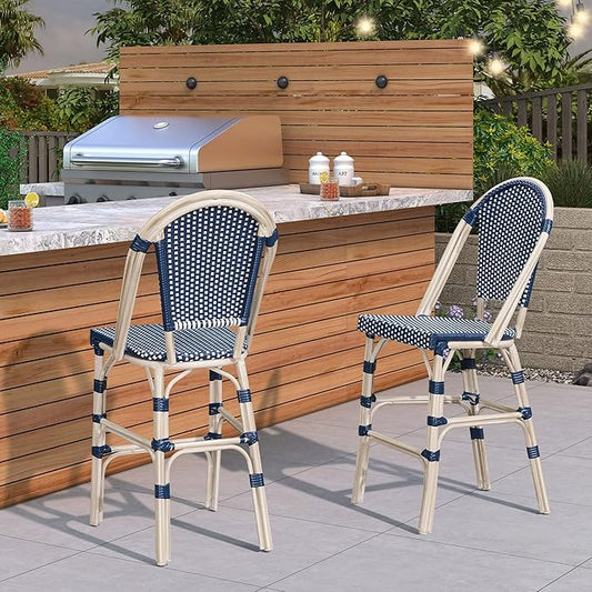 PURPLE LEAF French Counter Height Bar Stool Set of 2 25" White Print Finish Patio Bar Chairs with Back Rattan Bar Chairs French Bistro Set for Kitchen Outdoor Counter Stool Royal Blue