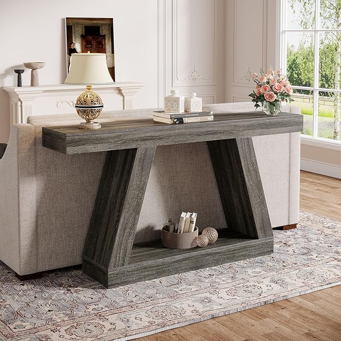 Tribesigns Farmhouse Console Table, 55-Inch Rustic Sofa Table with Storage, Industrial Wooden Entryway Table for Hallway, Living Room, Gray