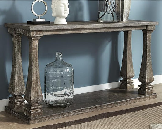 Signature Design by Ashley Johnelle Casual Sofa Table, Plank-look Framed Tabletop, Weathered Finish, Elm Veneers and Wood, 60" W x 18" D x 31.88" H, Gray