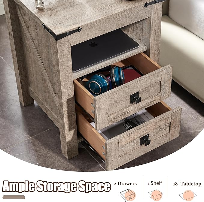 T4TREAM Nightstand with Charging Station, End Table, Side Table with 2 Drawers Storage Cabinet for Bedroom, Living Room, Farmhouse Design, Wood Rustic,Light Rustic Oak