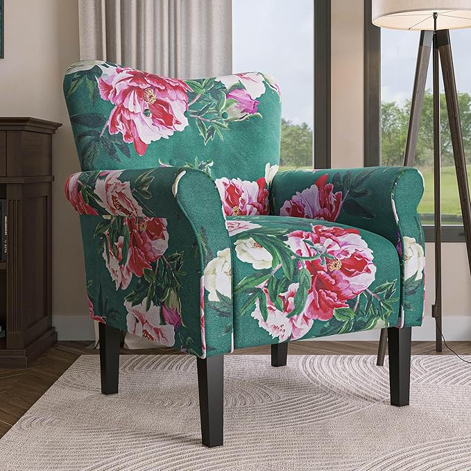 BELLEZE Modern Accent Chair, High Back Armchair, Upholstered Wingback Side Chair, Padded Single Sofa with Wooden Legs for Living Room, Bedroom - Green & Flower