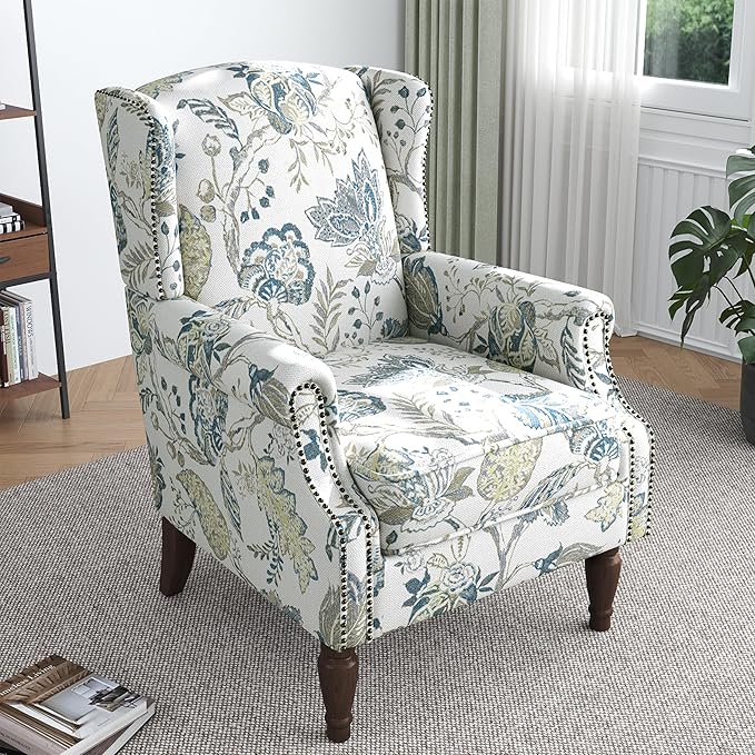 Lumibee High Back Accent Chair Set of 2, Armchair in Fabric,Comfy Upholstered Wingback Single Sofa Reading Chairs with Solid Wood Legs for Living Room,Bedroom,Office-Plants Blue