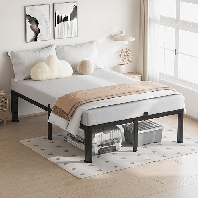 16 Inch Queen Bed Frame, 3500Lbs Heavy Duty Metal Platform with Round Corner Legs Mattress Slide Stopper, Steel Slat Support No Box Spring Needed, Noise Free, Non-Slip, Easy Assembly