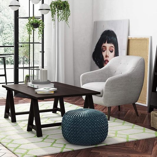 SIMPLIHOME Renee Boho Round Pouf in Teal Velvet Fabric for the Living Room, Bedroom and Kids Room