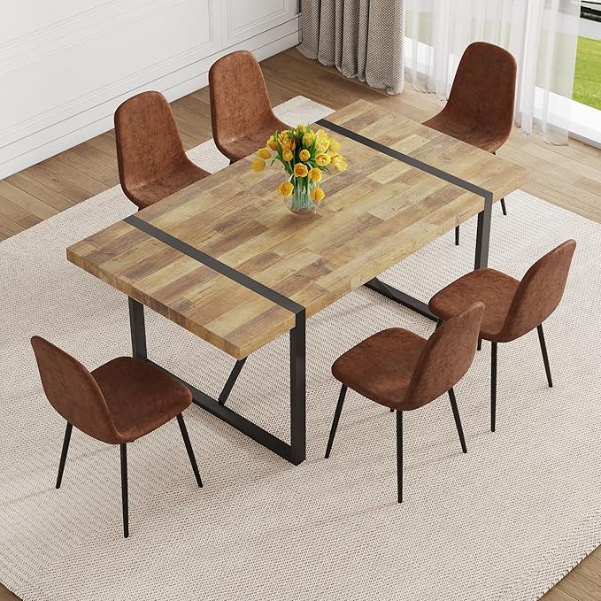 Dining Table Set for 6,Dinner Table Set for 6,71'' Kitchen Table and PU Leather Chairs Set of 6,6 Chair Dining Table Set for Kitchen Dining Room