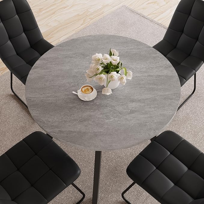 34.6'' Dining Table and Chairs for 4, Mid Century Modern Round Table Set, Space Saving for Apartment Kitchen Dining Room (Grey Table+4 U-Shaped Black Chairs)