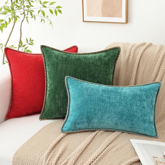 decorUhome Chenille Soft Throw Pillow Covers 12x20 Set of 2, Lumbar Velvet Farmhouse Neutral Decorative Euro Pillow Covers with Stitched Edge for Couch Sofa Bed Home Decor, Turquoise