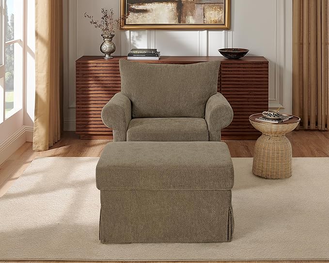 Modern Accent Chairs with Ottoman Set, Comfy Chenille Reading Armchair with Rolled Arms and Cushion Backrest, 35.8" W Chaise Lounge Chair for Living Room, Bedroom, Study, Apartment, Brown