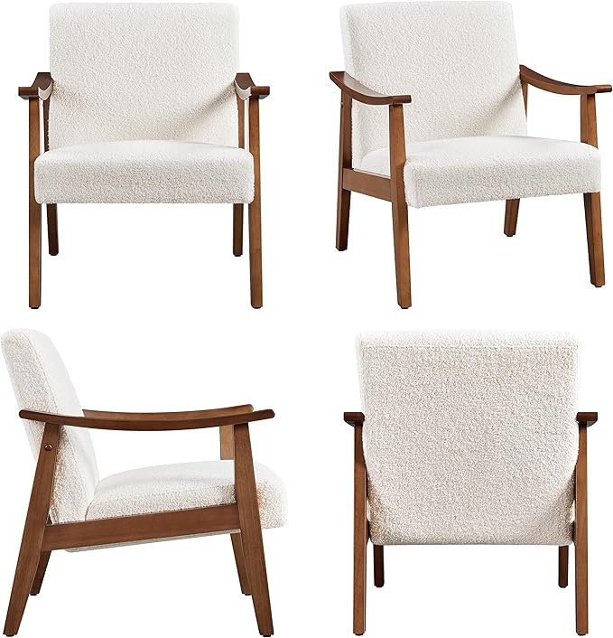 Yaheetech Fabric Accent Chair, Mid-Century Modern Armchair with Solid Wood Legs, Reading Leisure Chair with High Back for Living Room Bedroom Waiting Room, Set of 2, Ivory