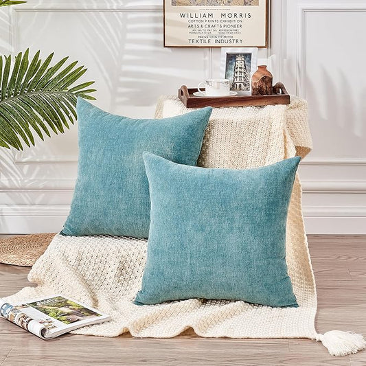 GAWAMAY Decorative Square Throw Pillow Covers 18"x18" Inch Set of 2, Super Soft Chenille Pillows Farmhouse Fall Pillowcase for Living Room Bedroom Sofa Couch Cushion Cover Smoke Blue 45x45cm