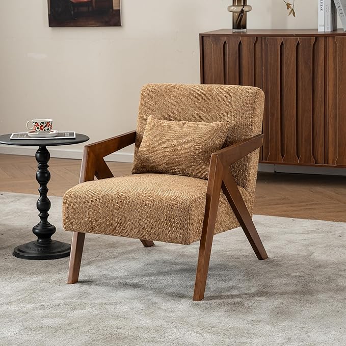 Mid Century Modern Accent Chair with Solid Wood Frame,Upholstered Chenille Living Room Arm Chairs with Pillow for Bedroom, Living Room, Reading Room, Balcony (1, Yellow)