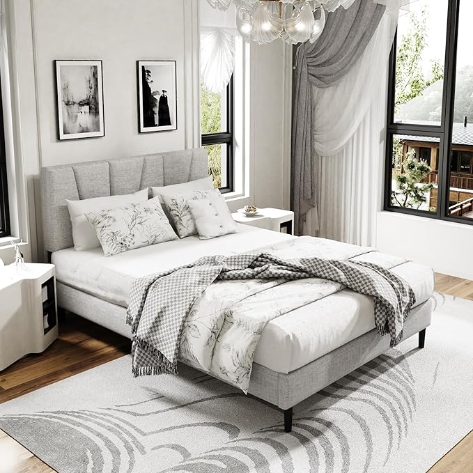 Full Size Platform Bed Frame with Upholstered Headboard, Wooden Slats Support, Noise Free, No Box Spring Needed, Easy Assembly, Light Grey, Linen