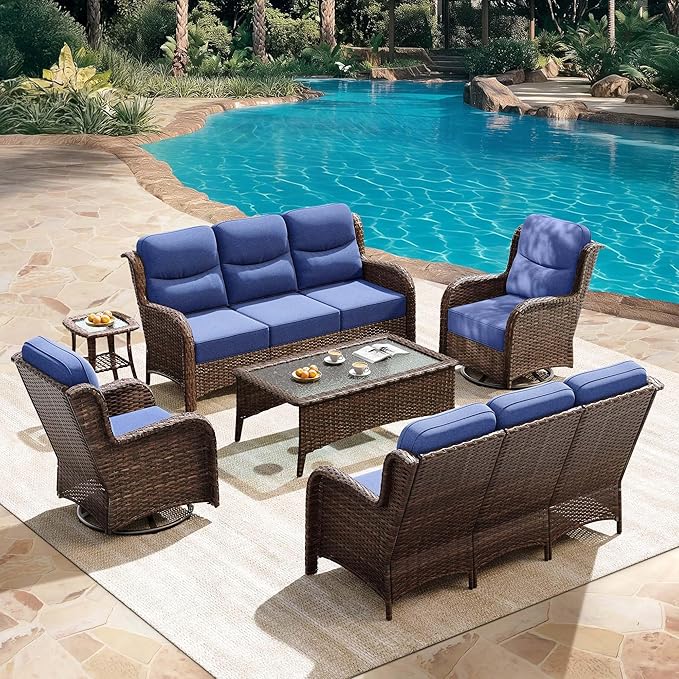 HILLGA Luxury Patio Furniture Set with 6-Inch Thick Cushions, High Back Outdoor Swivel Rocker Chairs and Patio Couch, 6-Piece All Weather Conversation Set for Porch Deck Pool Yard, Blue (V3)