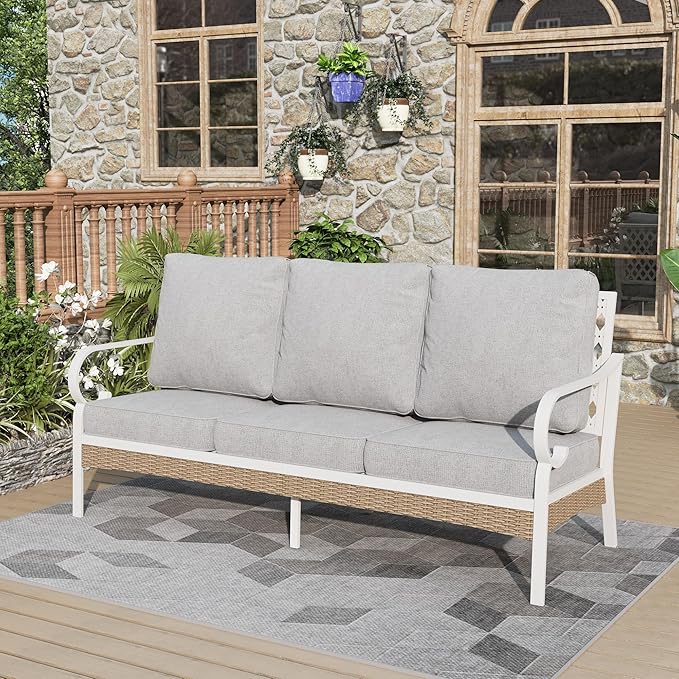 Patio Furniture Sofa, 3-Seat Patio Sofa Steel Frame Outdoor Sectional Couch with Deep Seating and 5.5” Cushions for Lawn Backyard Porch Deck, Light Gray