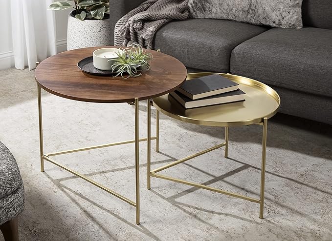 Kate and Laurel Ulani Modern Nesting Coffee Table; Set of 2; Walnut and Gold; 22.5 x 20.25; Decorative Sophisticated Mango Wood and Metal End Tables for Display and Storage
