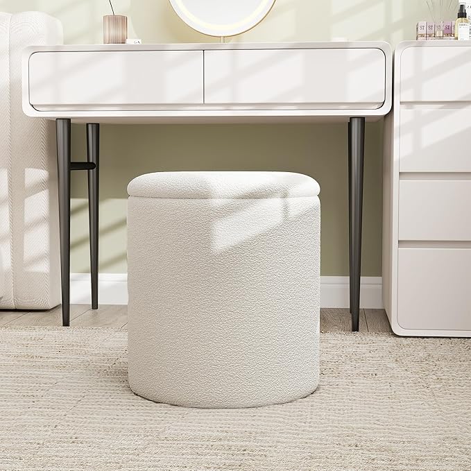 Ottoman Poufs with Storage, Set of 2 Soft Upholstered Vanity Stool,Multifunctional Ottomans Coffee Table Padded Seat Foot Rest for Living(White, Pack of 2)