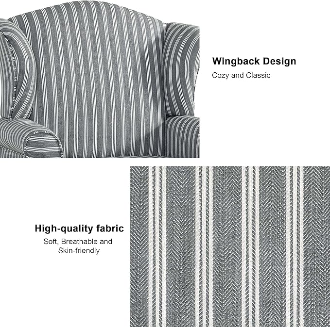 Accent Chair, High Back Upholstered Armchair with High Resilience Sponge & Wood Legs, Mid-Century Modern Comfy Single Sofa Reading Chairs for Living Room, Bedroom (Stripe Grey, Set of 2)