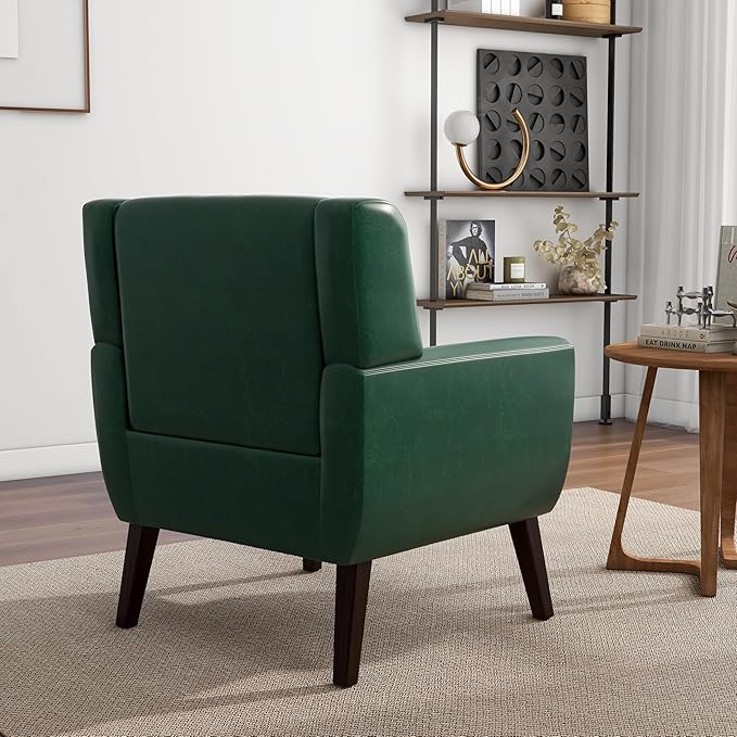 Accent Chair, Mid-Century Modern PU Leather Chairs with Arms for Living Room, Comfy Upholstered Club Single Sofa Armchair for Bedroom Waiting Room with Solid Wood Frame(Leather Green, Set of 2)