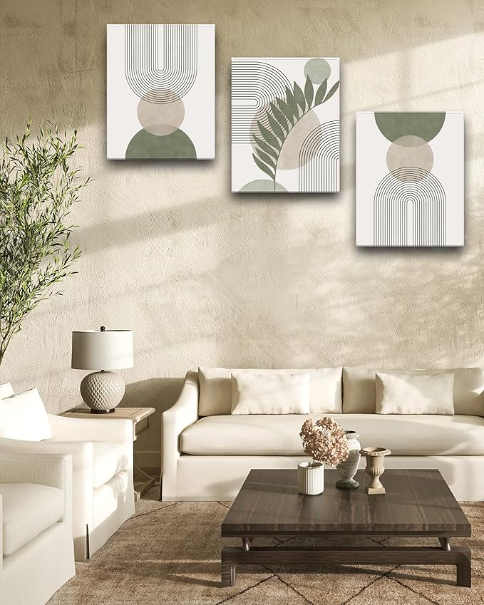 30x40CM Sage Green Boho Wall Art,Framed Canvas Bathroom Wall Art Pictures, Mid-Century Modern Wood Framed Abstract Prints for Bedroom,Minimalist Office Wall Decor 3Pack
