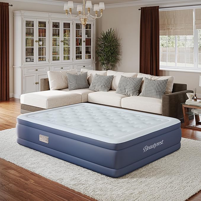 Beautyrest Supreme Air, Queen Size Air Mattress with Built-in Pump, Raised Inflatable Bed for Adults, Puncture-Resistant Vinyl, Auto Shut-Off, 650lb Support, Guest Bed, Camping Airbed, 3-Year Warranty