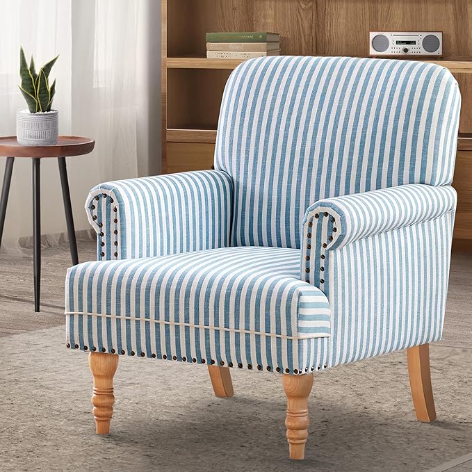 HUIMO Linen Fabric Accent Chair, Mid-Century Modern Armchair with Solid Wood Legs, Single Sofa Chair,Upholstered Reading Club Chair (1, Blue and White Stripe)