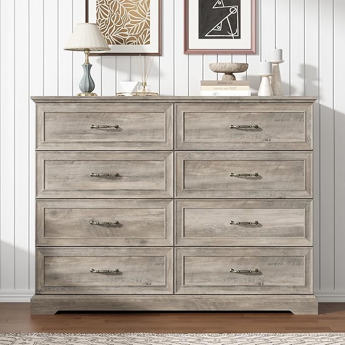 8 Drawer Dresser for Bedroom, 53" Wide Wooden Chest of Drawers, Rustic Farmhouse Dresser with Large Drawers & Metal Handles, Modern Storage Organizer for Closet, Living Room, Hallway, Grey