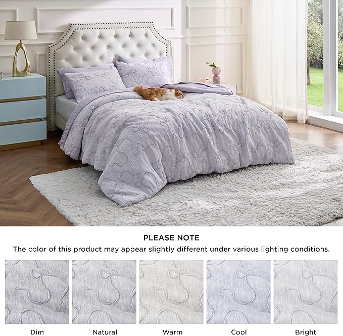 Bedsure Queen Size Comforter Set, Light Purple Boho Tufted Bed Set, 3D Puffy Jacquard Bedding Queen Size, 3 Pieces, 1 Farmhouse Shabby Chic Embroidery Comforter with Bow Pattern & 2 Pillow Cases