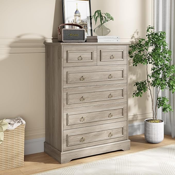 Maupvit 6 Drawers Dresser, Vintage Design Wood Rustic Chest of Drawers with Natural Texture, Sturdy & Durable Farmhouse Dresser, Ideal Storage Dressers for Living Room