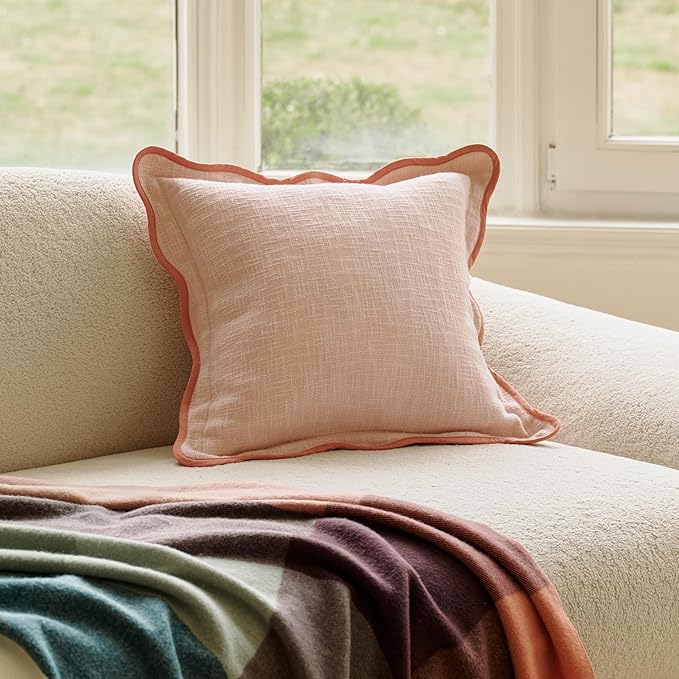 Double Stitch Scalloped Throw Pillow Covers - 100% Cotton Decorative Boho Pillow Covers 18 x 18, Made in India, Square Cushion Case, Modern Home Decor for Couch Sofa Living Room, Shell Pink