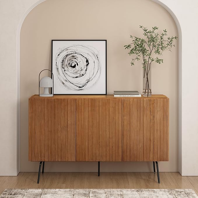 NTC Veil Modern Sideboard with 3 Doors, Buffet Cabinet with Vertical Groove Design and Metal Legs, Storage Cabinet for Living Room, and Hallway, Effortless Assembly, Teak Look