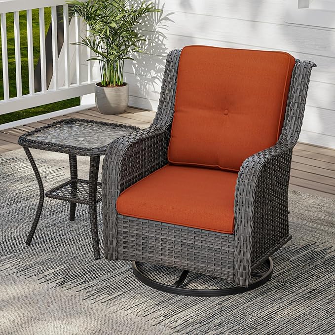2 Pieces Outdoor Swivel Rocker Patio Chairs Set - Outdoor Wicker Patio Conversation Sets with 1 Side Table, Olefin Fabric Cushions Suitable for Backyard Deck and Porch, Orange