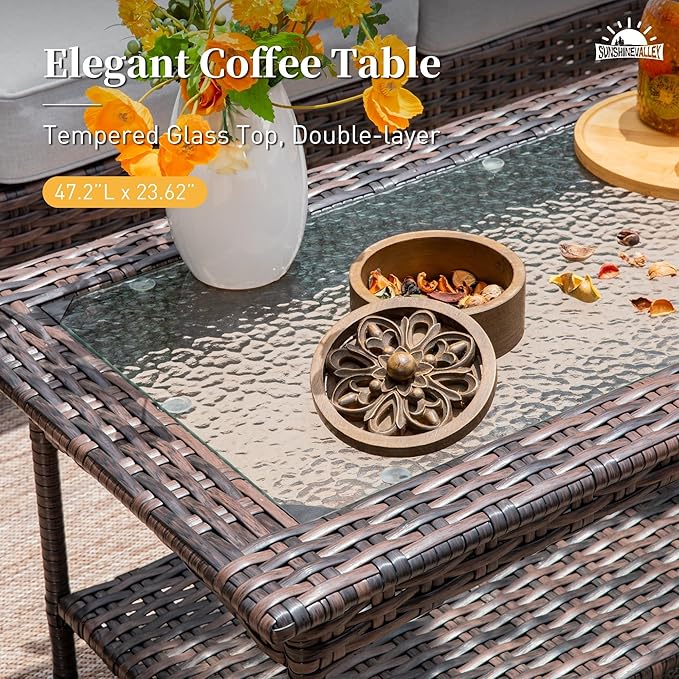 Patio Furniture Set with Swivel Chairs, High Back Wicker Rattan Furniture with 5.5" Thick Cushions and Coffee Table, Outdoor Conversation Set for Backyard Deck,7 Seats, Grey