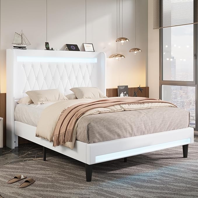 Allewie Upholstered Full Size Platform Bed Frame with LED Light and Charging Station, Button Tufted High Headboard, Wingback Design, Noise Free, Easy Assembly, No Box Spring Needed, White