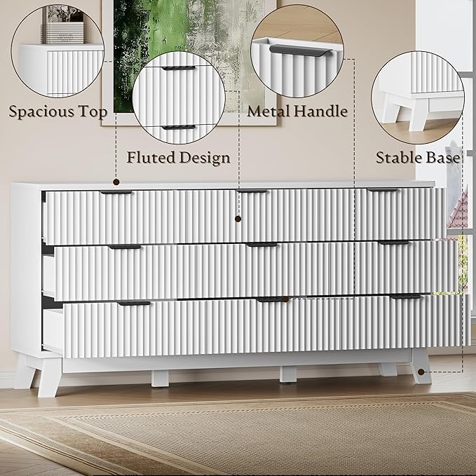 63" Long Dresser for Bedroom, 9-Drawer Fluted Dresser, Extra-Wide Wood Chest of Drawers with Smooth Metal Slides, Stable Base, Modern Clothes Storage Cabinet for Living Room, Hallway, Nursery