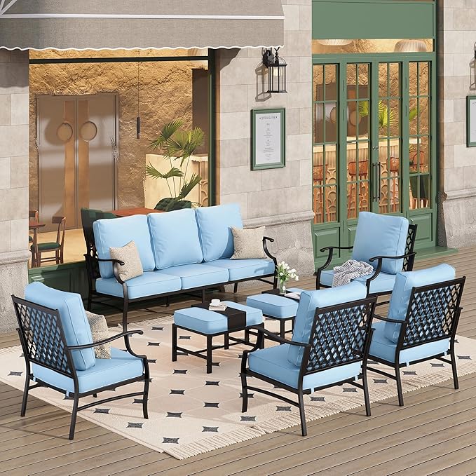 HERA'S HOUSE 7 Piece Patio Furniture Set, 4 x Metal Cushioned Chair, 2 x Cushioned Ottoman, 1 x 3-Seat Sofa, Outdoor Conversation Set for Lawn Garden Backyard, Blue