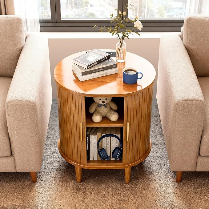 Nightstands Set of 2 & Charging Station, Fluted Accent Side Table with Sliding Door & Adjustable Shelf, Mid-Century Modern End Table for Small Space, Living Room, Bedroom (2, Yellow Walnut)