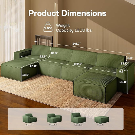 Marsail Modular Sectional Sofa, 142" U-Shaped Modular Sectional Couch with Deep Seat, Freely Combinable Sectional Cloud Sofa for Living Room, No Assembly, Plush Corduroy Fabric, Green