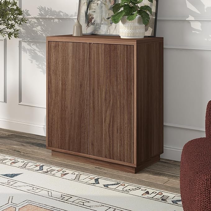 Henn&Hart 28" Fluted Wooden Accent Cabinet, Modern Ribbed Sideboard Buffet Cabinet with 2 Doors and an Adjustable Shelf for Living Room, Dining Room, Bedroom or Entryway, Satin Walnut